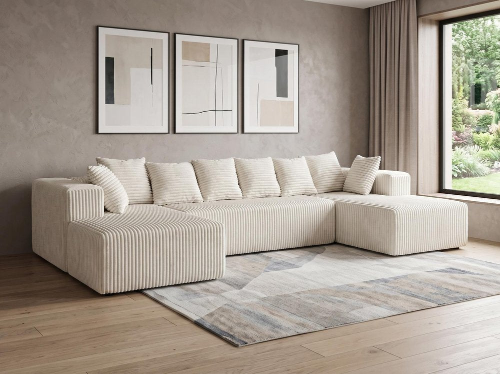 Gray Corduroy Modular U Shaped Three Piece Sofa and Chaise Sectional With Console And Toss Pillows