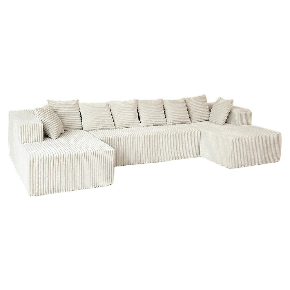 Gray Corduroy Modular U Shaped Three Piece Sofa and Chaise Sectional With Console And Toss Pillows