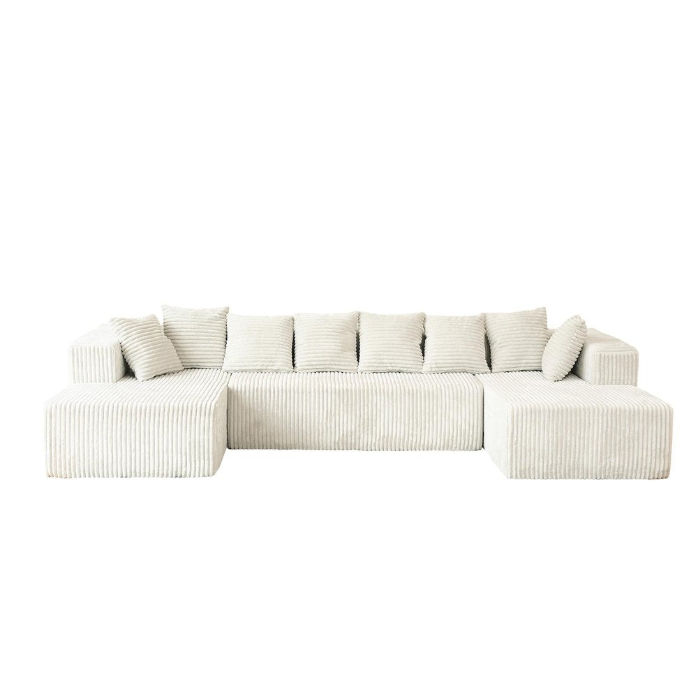 Gray Corduroy Modular U Shaped Three Piece Sofa and Chaise Sectional With Console And Toss Pillows