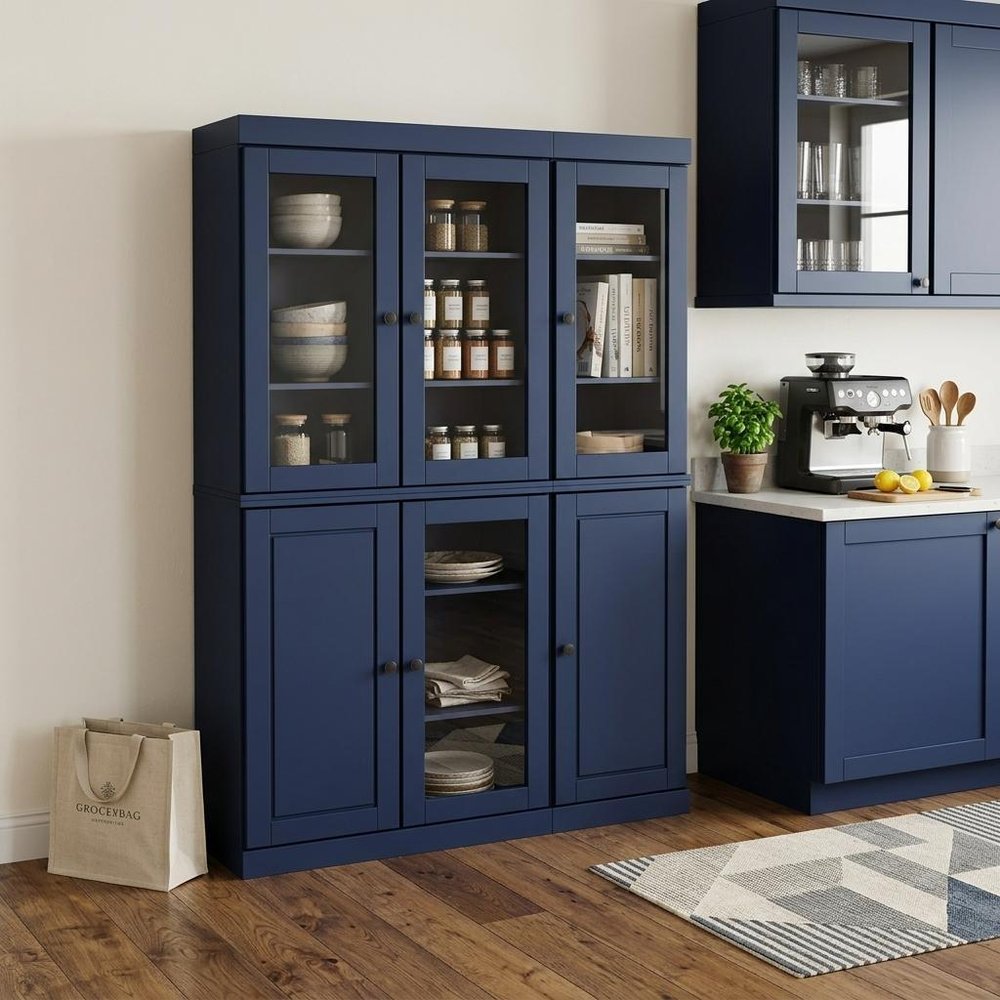 72" Navy Blue Solid Wood 8 Pantry Or Storage Closet