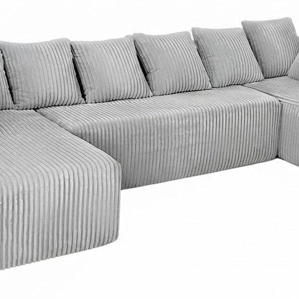 Gray Corduroy Modular U Shaped Three Piece Sofa and Chaise Sectional With Console And Toss Pillows