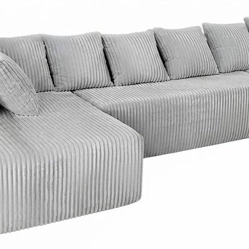 Gray Corduroy Modular U Shaped Three Piece Sofa and Chaise Sectional With Console And Toss Pillows