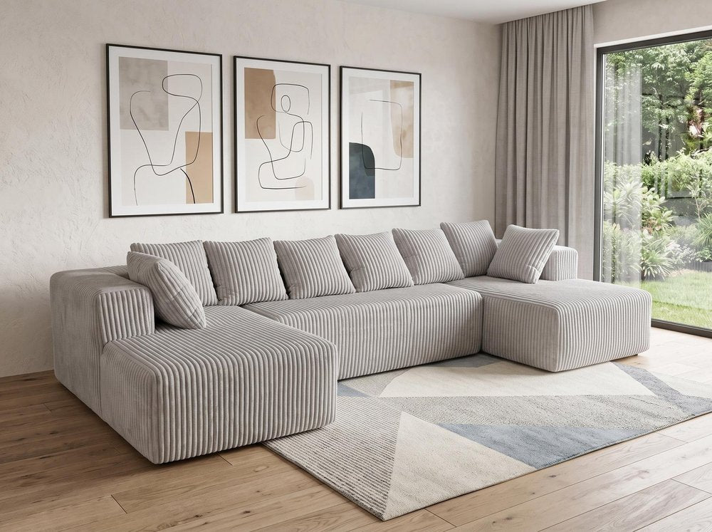 Gray Corduroy Modular U Shaped Three Piece Sofa and Chaise Sectional With Console And Toss Pillows