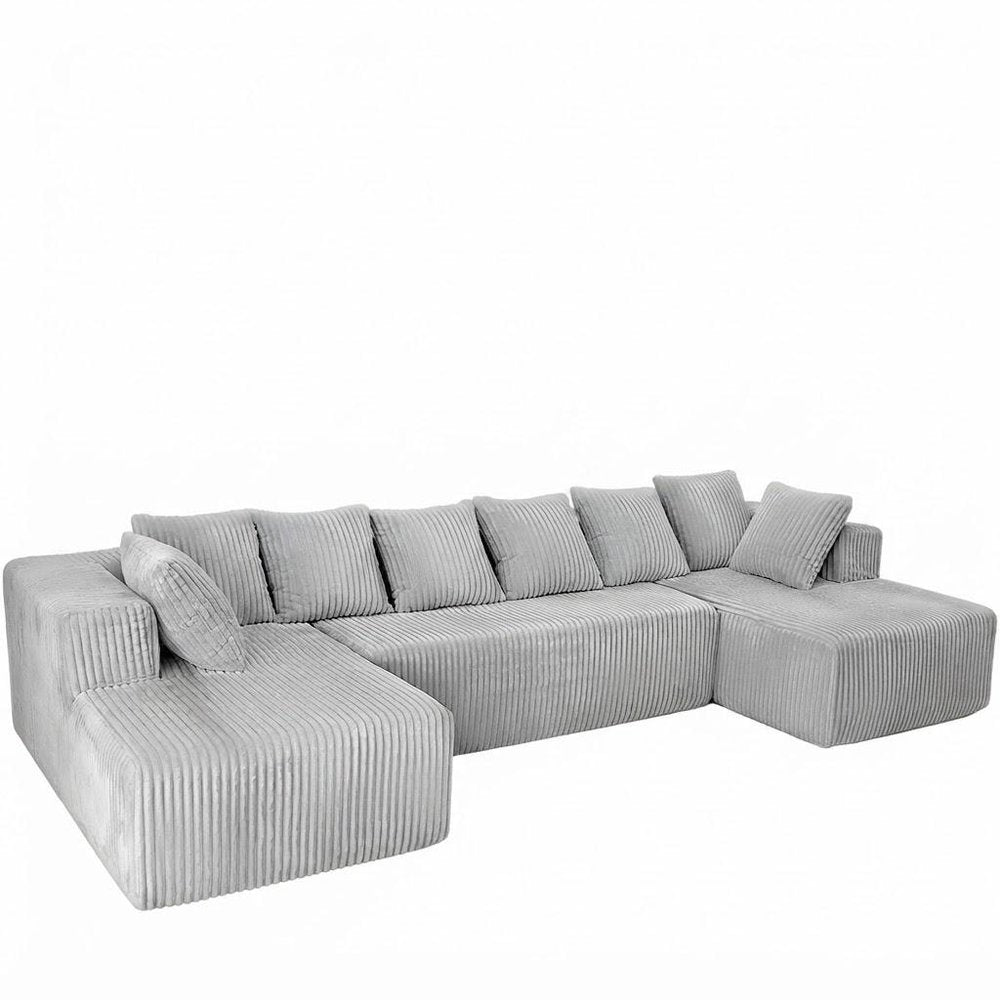 Gray Corduroy Modular U Shaped Three Piece Sofa and Chaise Sectional With Console And Toss Pillows