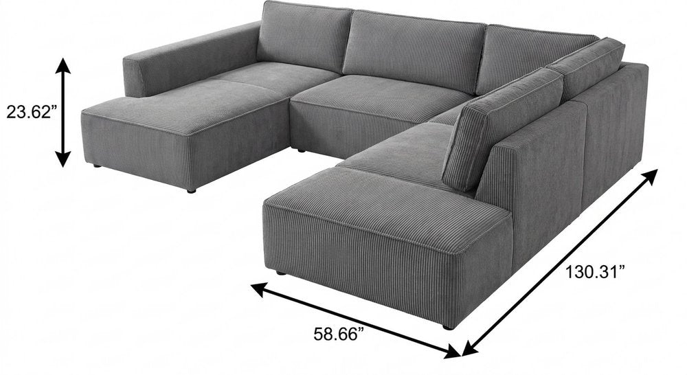 Gray Corduroy Modular U Shaped Three Piece Sofa and Chaise Sectional With Console And Toss Pillows
