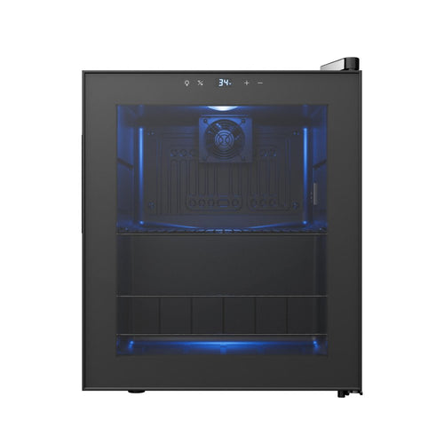 Black metal single compartment can beverage refrigerator with a clear glass door and digital temperature display.