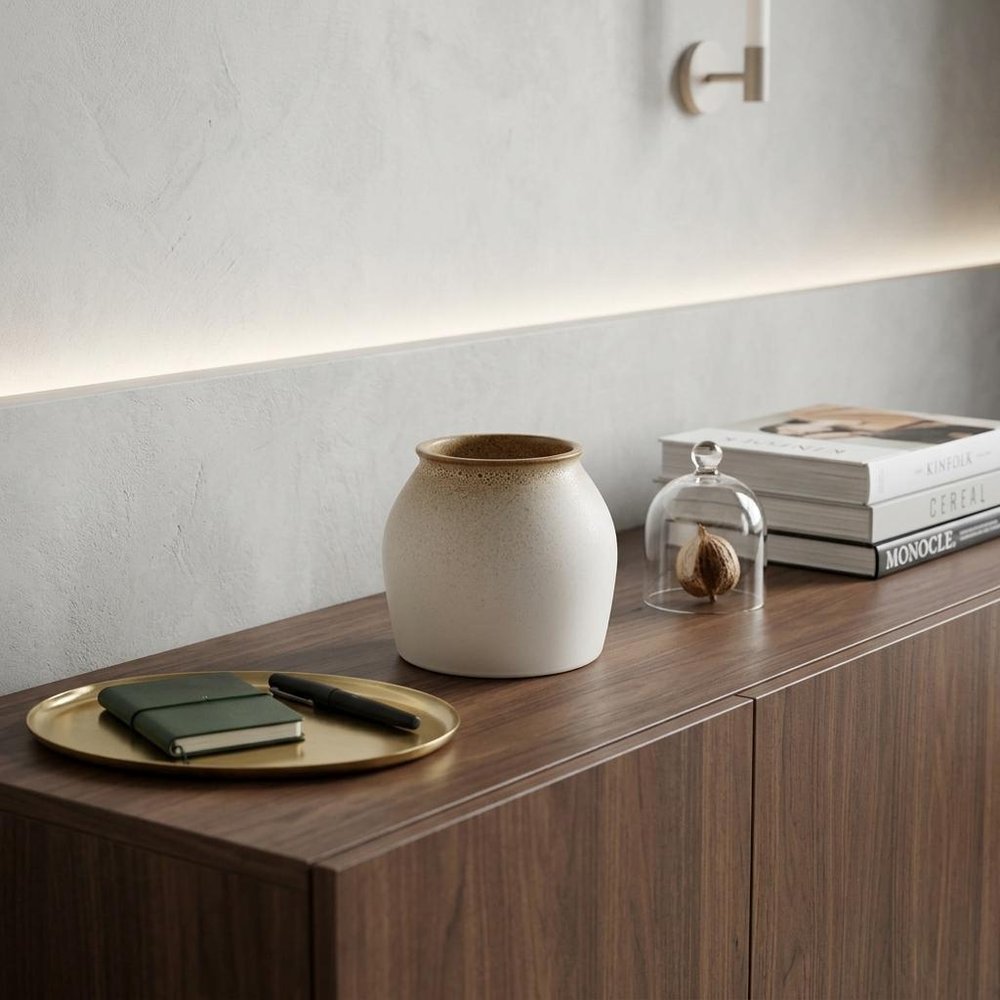 6" Cream Ceramic Cylinder Table Vase displayed on a dark wood tabletop in a furnished interior against a light gray wall.
