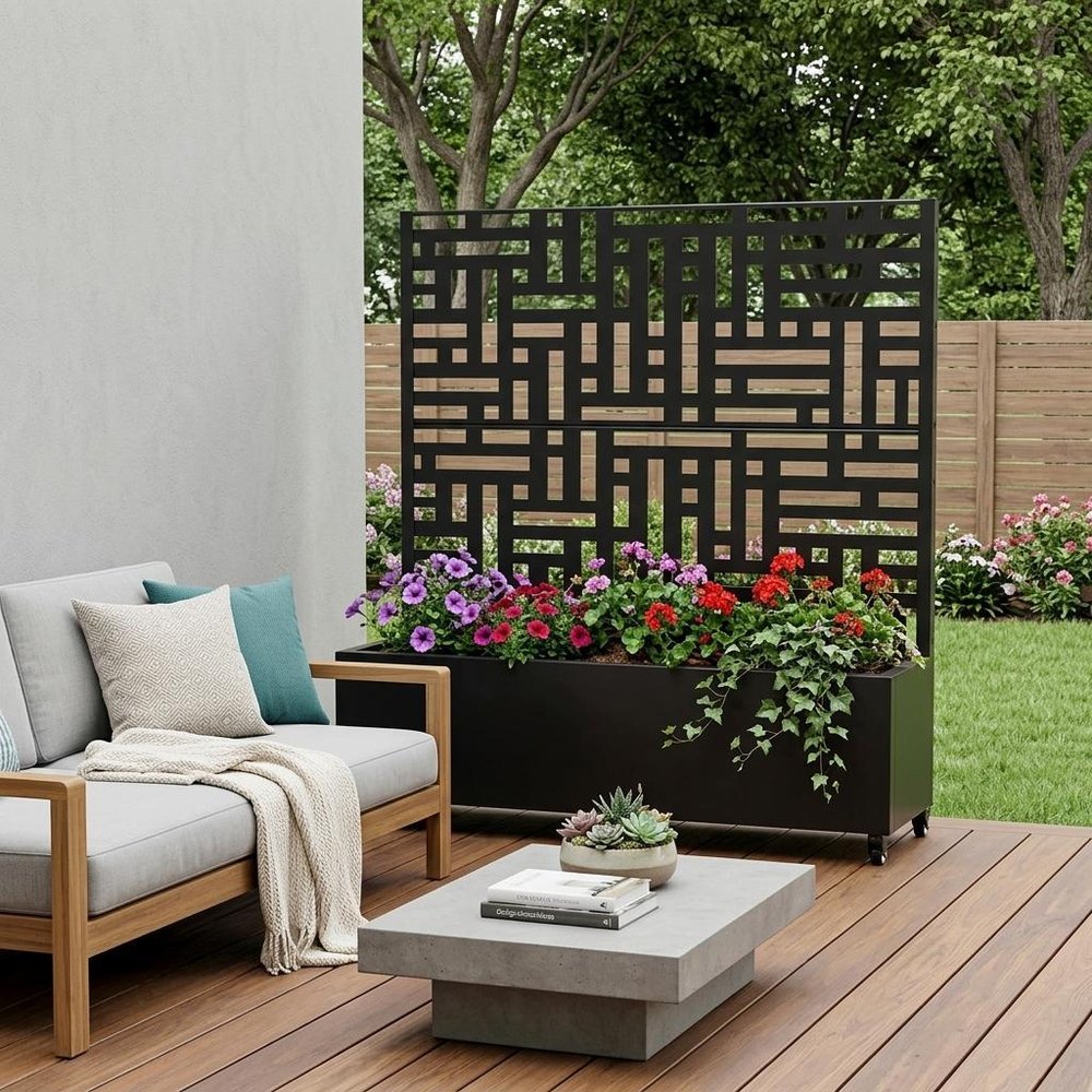 47" X 47" Black Geometric Galvanized Metal Rectangular Planter Box