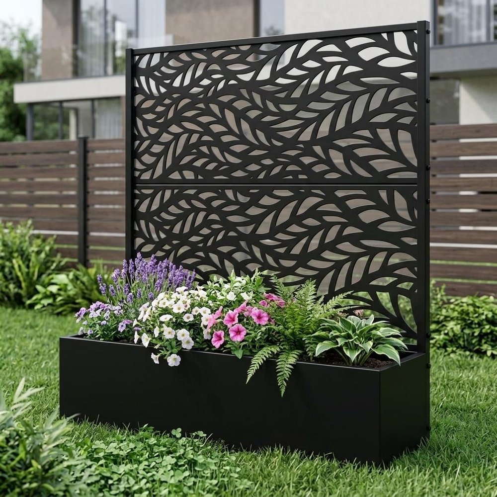 Set of Two Black Botanical Galvanized Metal Rectangular Planter Box