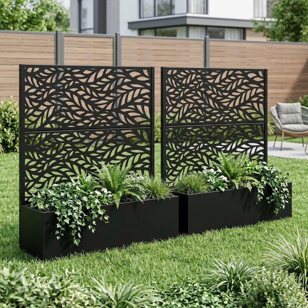 Set of Two Black Botanical Galvanized Metal Rectangular Planter Box