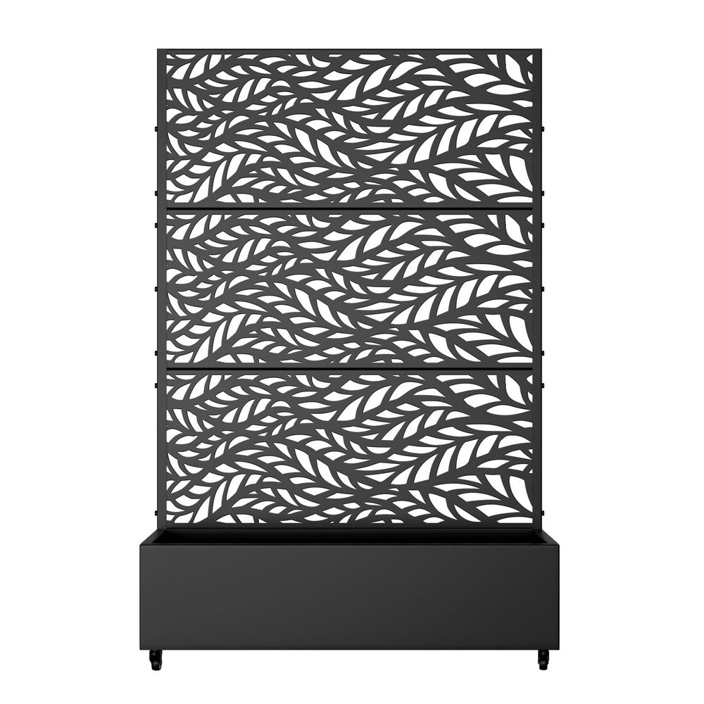 Black metal planter box with a decorative leaf-patterned screen on a white background.