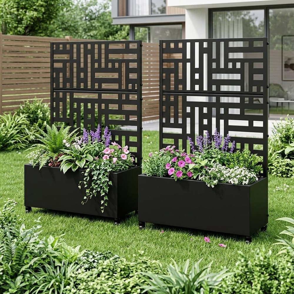 Set of Two Black Geometric Galvanized Metal Rectangular Planter Box