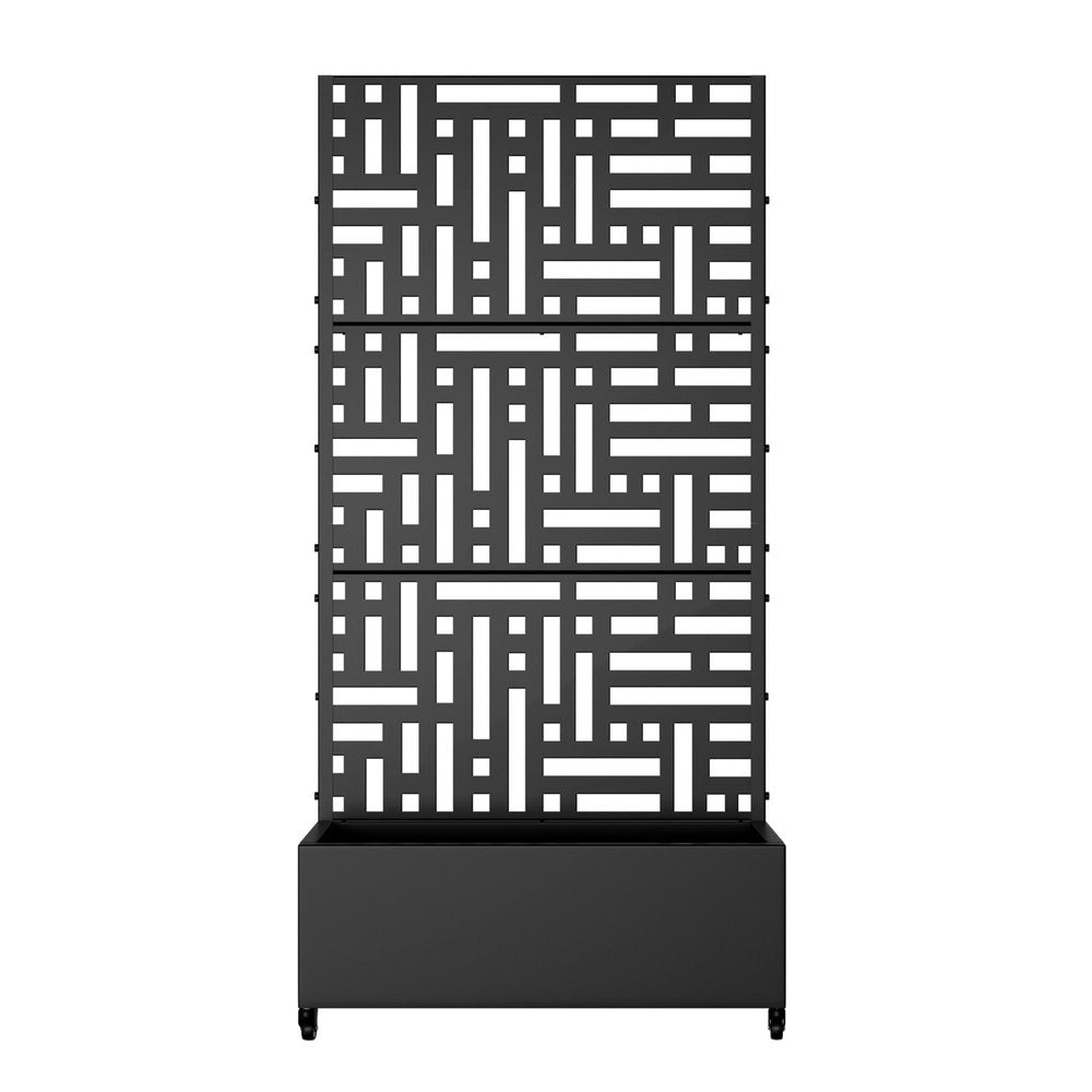 Black metal planter box with a tall, three-panel decorative screen featuring a geometric cutout pattern, set against a white background.