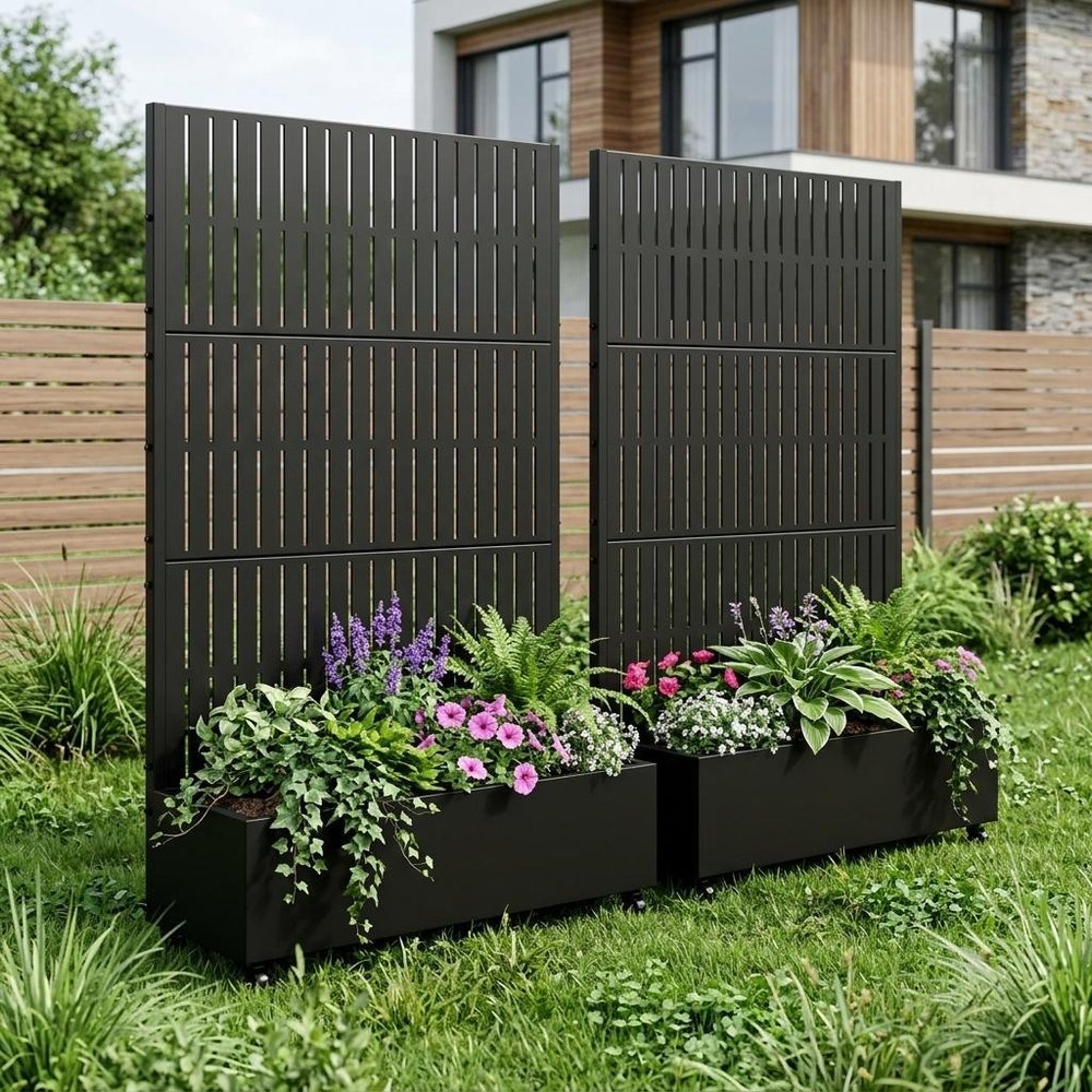 Set of Two Black Striped Galvanized Metal Rectangular Planter Box