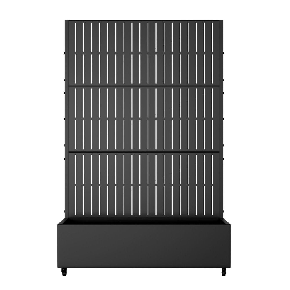 Black metal planter box with a tall, slatted screen on wheels against a white background.