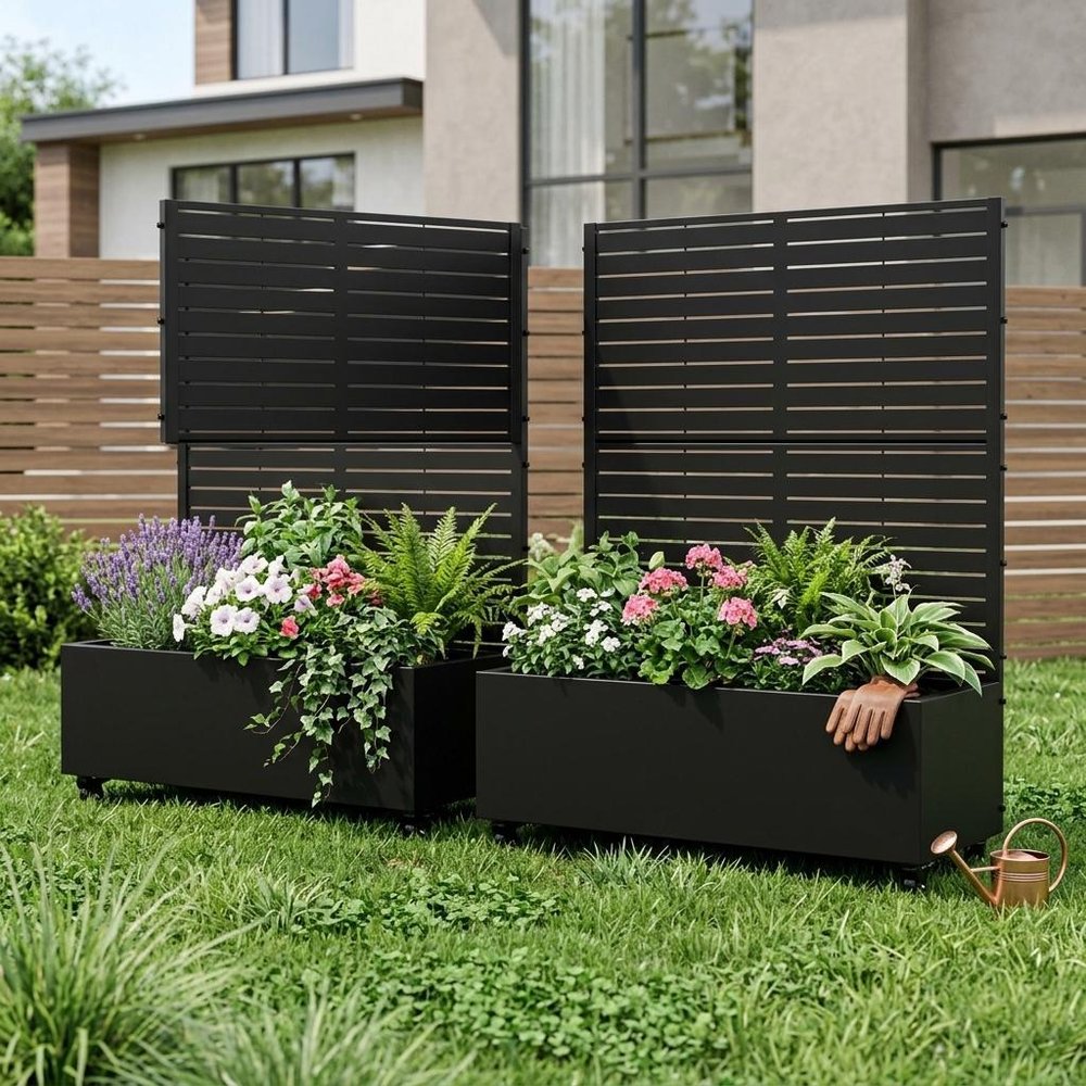 Set of Two Black Striped Galvanized Metal Rectangular Planter Box