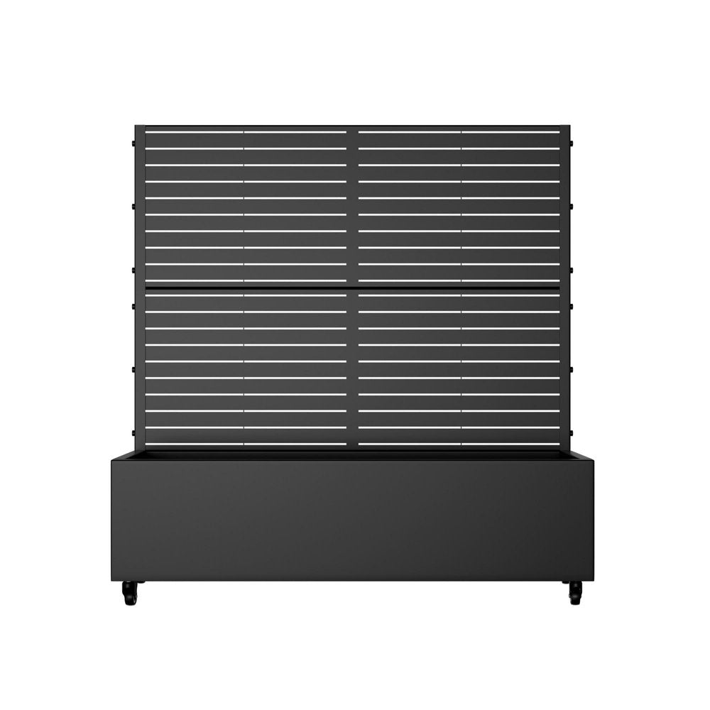 Black rectangular planter box with a two-tiered striped metal privacy screen on a white background.