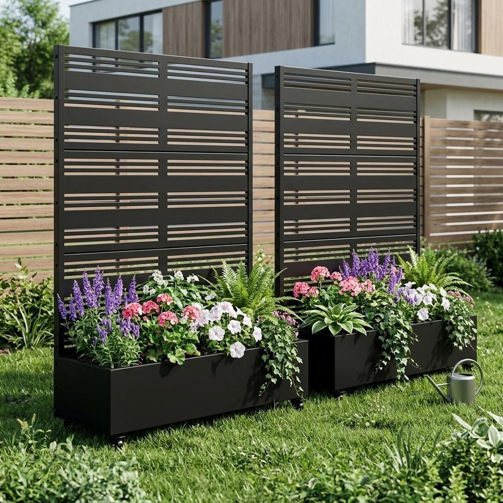 Set of Two Black Striped Galvanized Metal Rectangular Planter Box