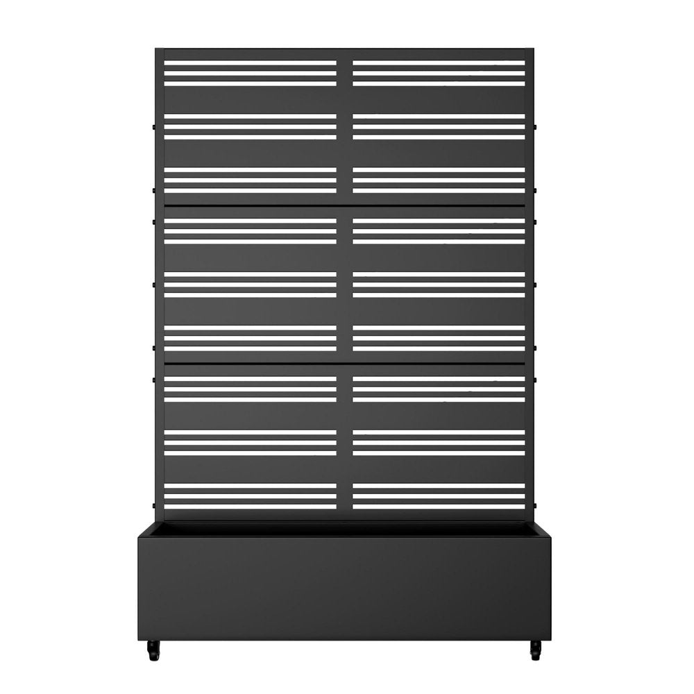 Black metal planter box with a striped screen on a white background.