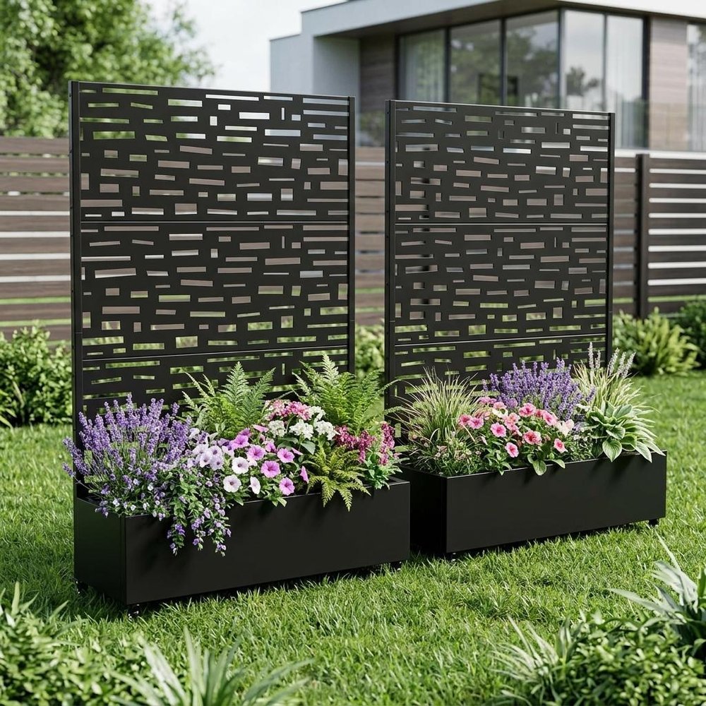 Set of Two Black Geometric Galvanized Metal Rectangular Planter Box