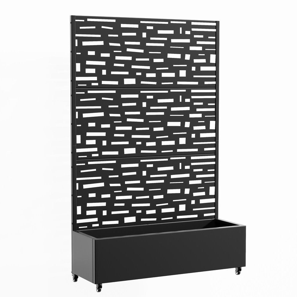 Black metal planter box with a decorative geometric screen on wheels against a white background.
