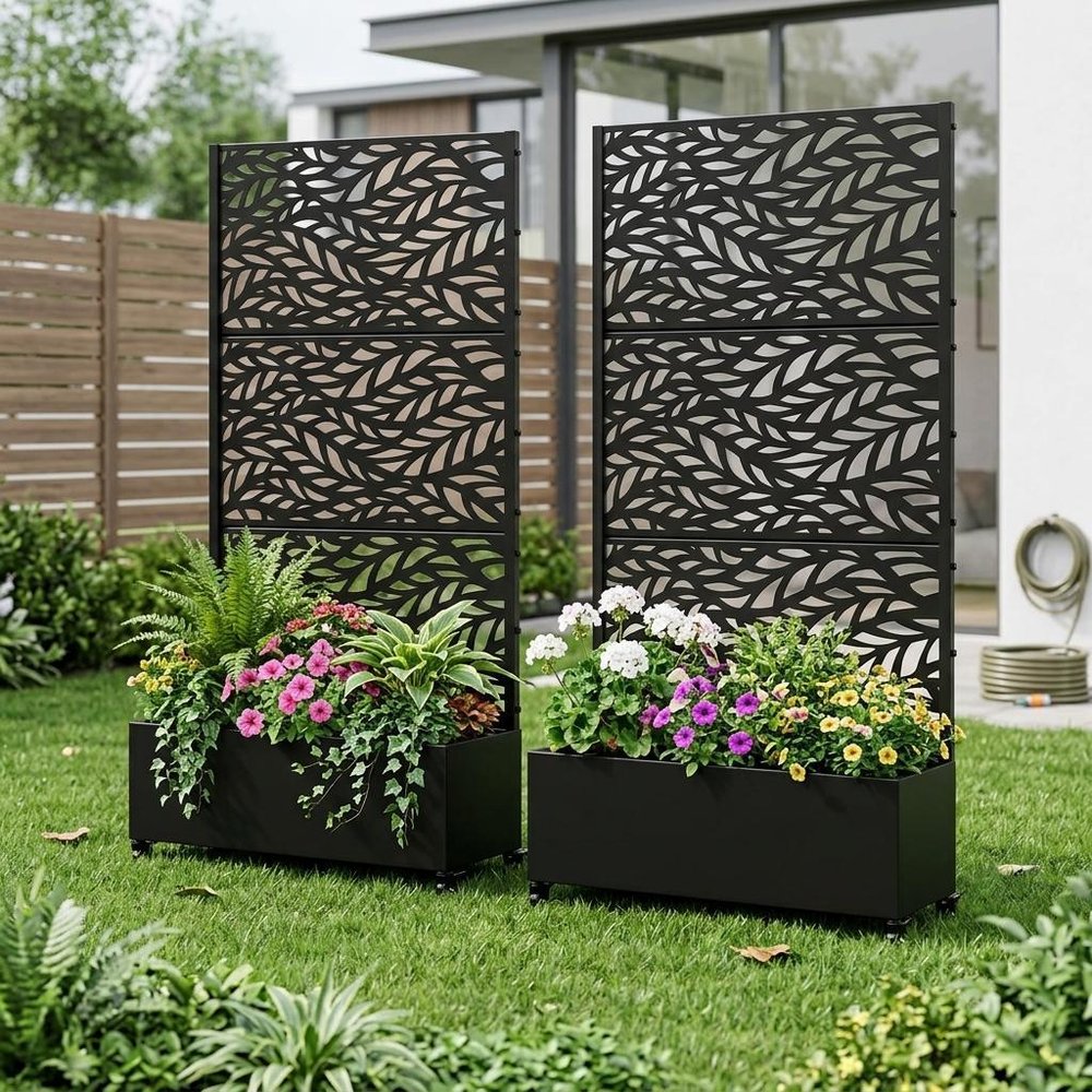 Set of Two Black Botanical Galvanized Metal Rectangular Planter Box