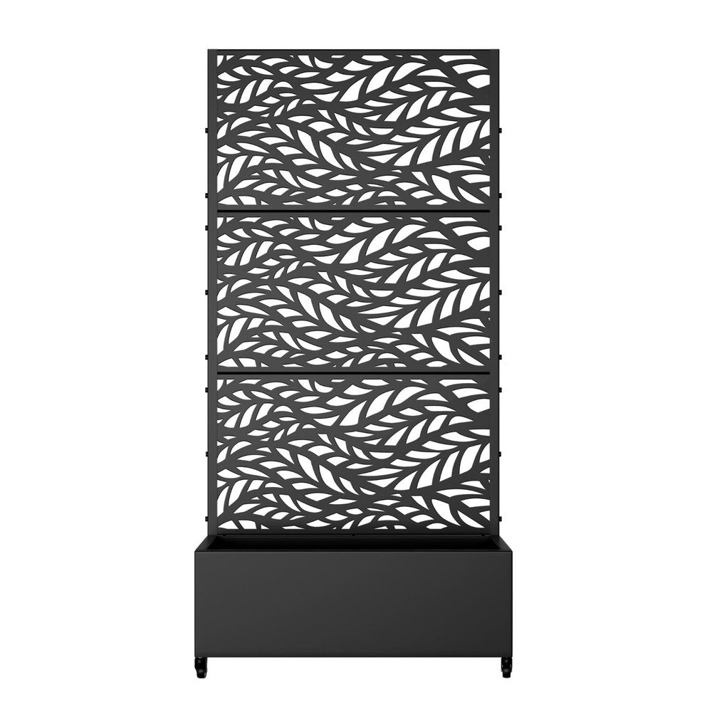 Black metal planter box with a three-panel decorative screen featuring a botanical leaf pattern.
