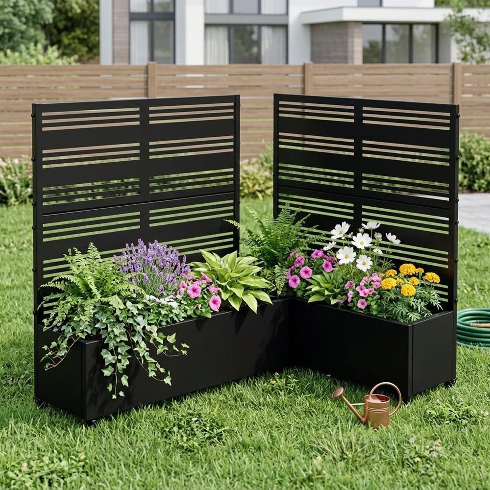 Set of Two Black Striped Galvanized Metal Rectangular Planter Box