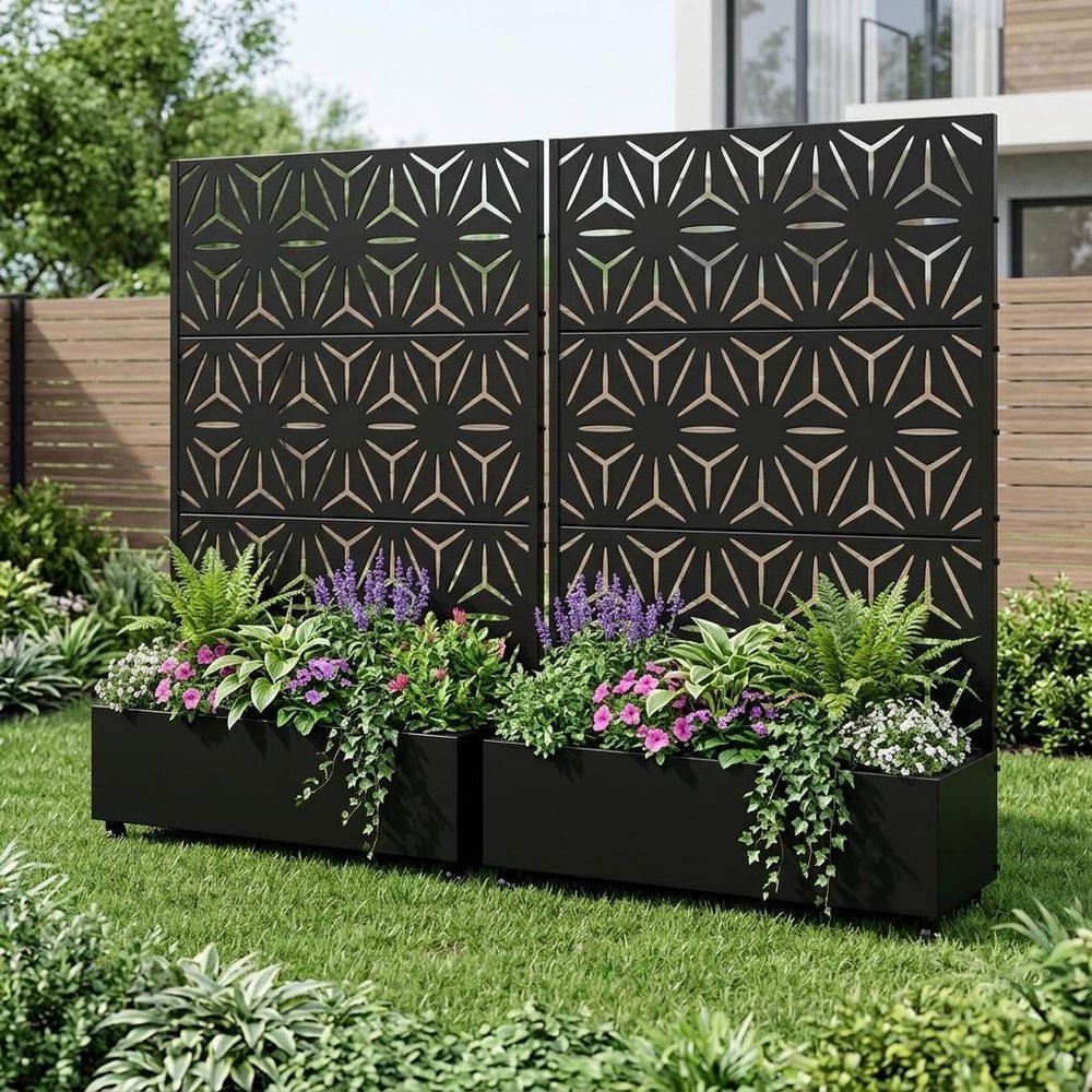 Set of Two Black Geometric Galvanized Metal Rectangular Planter Box