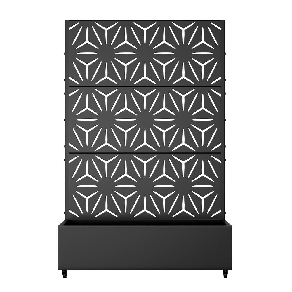 Black metal planter box with a three-panel decorative screen featuring a geometric starburst pattern, set against a white background.