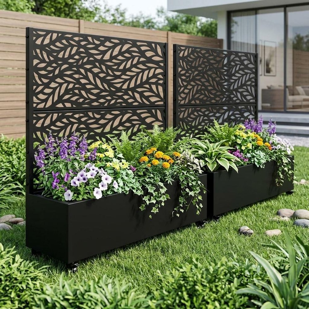Set of Two Black Botanical Galvanized Metal Rectangular Planter Box
