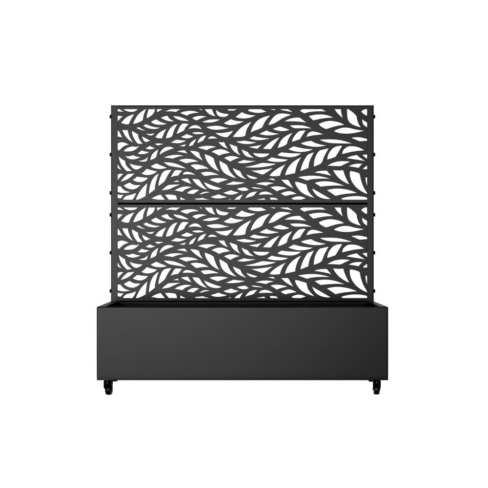 Black metal planter box with a decorative leaf-patterned screen on wheels against a white background.