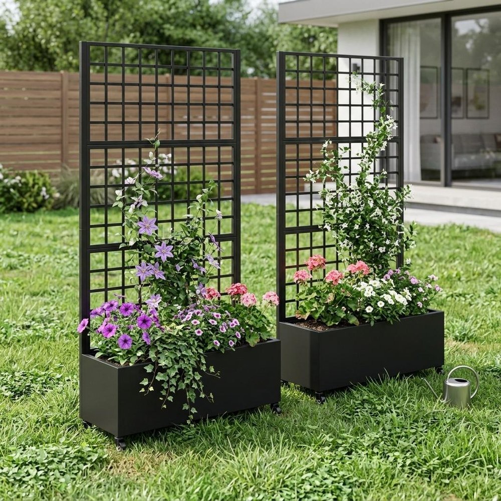 Set of Two Black Geometric Galvanized Metal Rectangular Planter Box