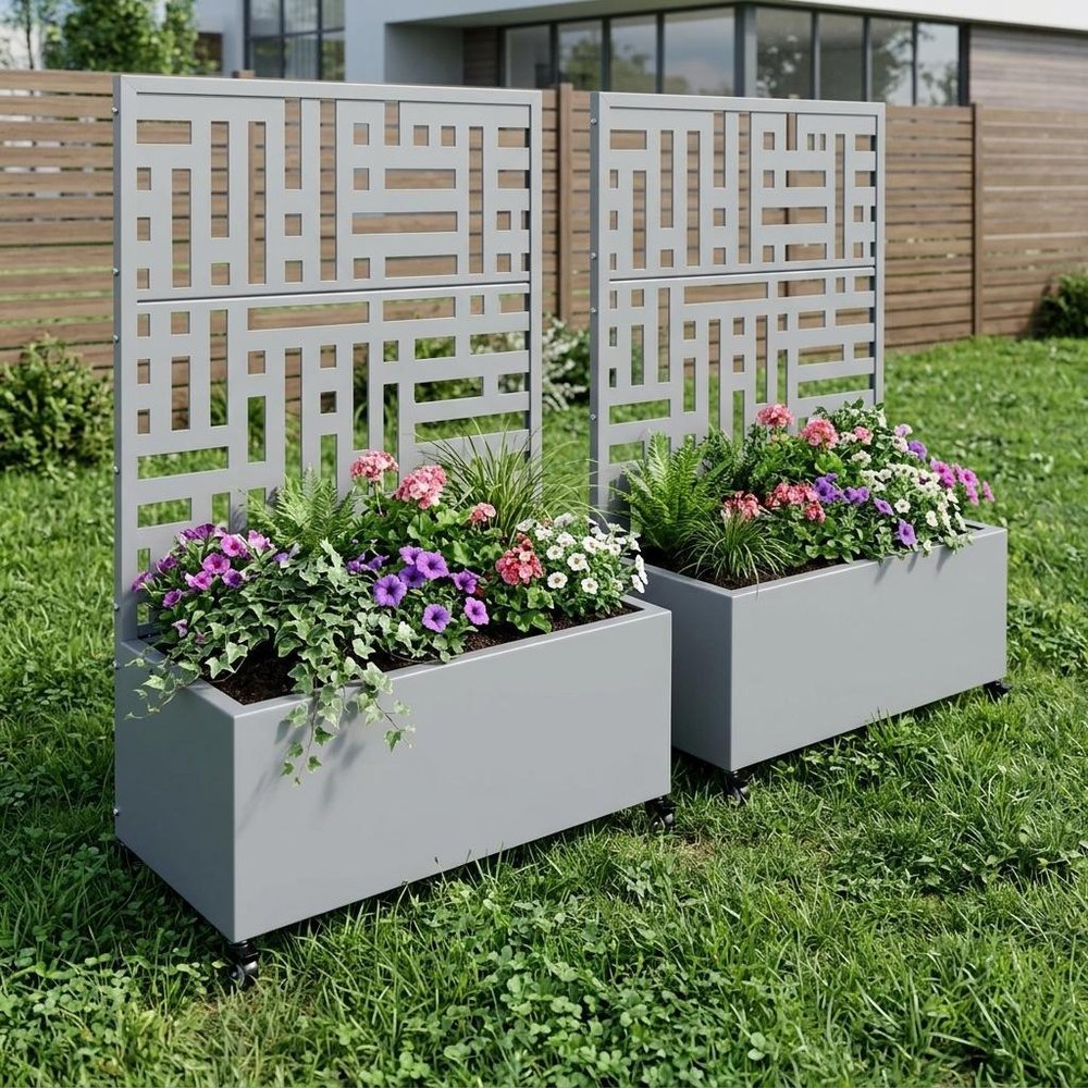 Set of Two Gray Geometric Galvanized Metal Rectangular Planter Box