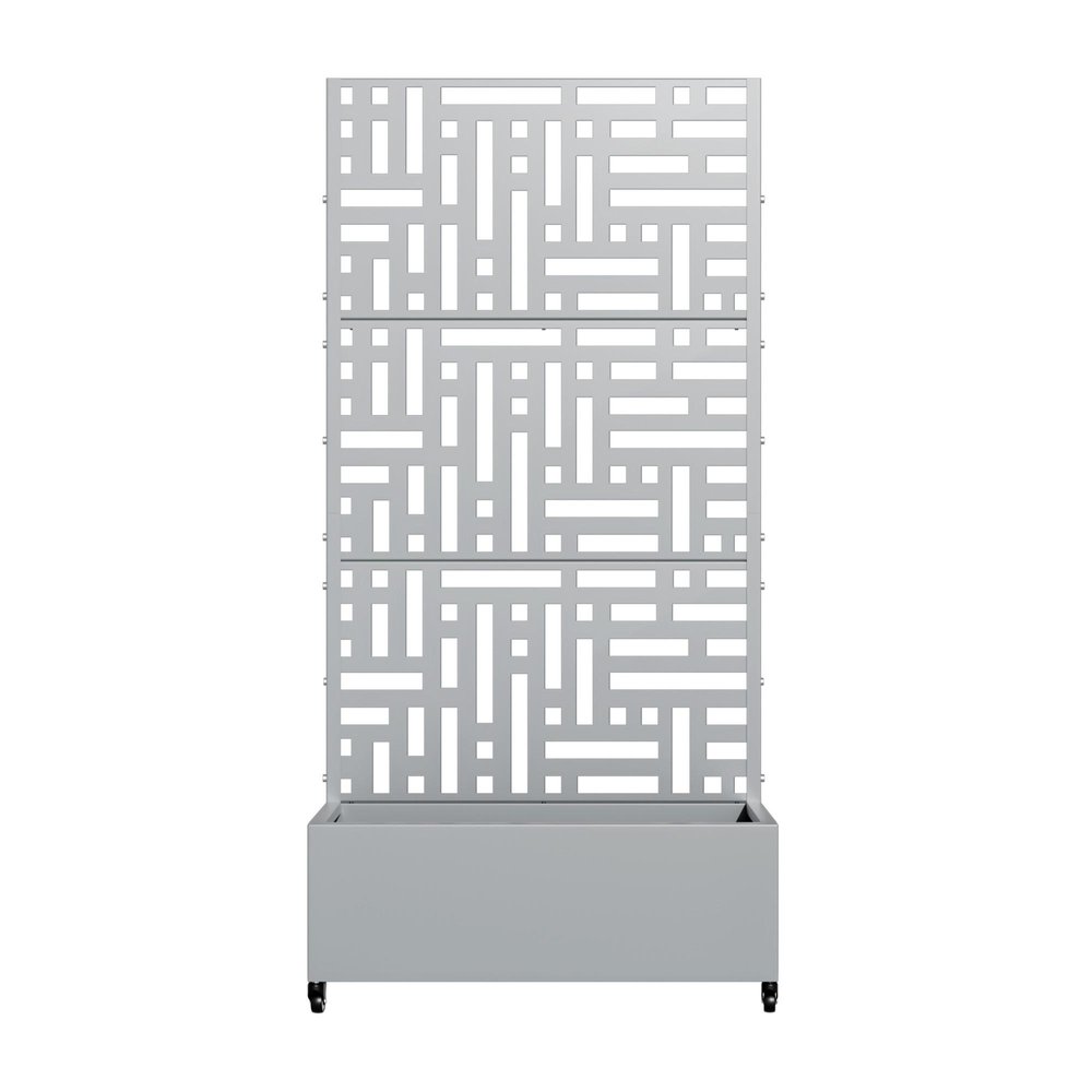 Gray galvanized metal planter box with a decorative geometric screen on a white background.