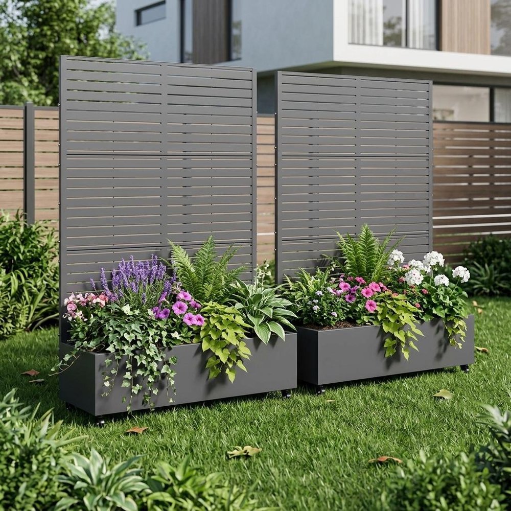 Set of Two Gray Striped Galvanized Metal Rectangular Planter Box
