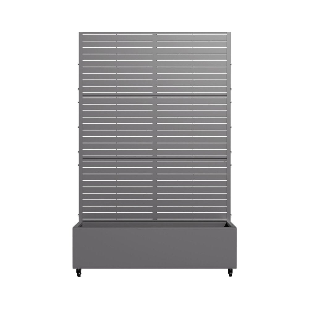 Gray galvanized metal planter box with a slatted screen on wheels against a white background.