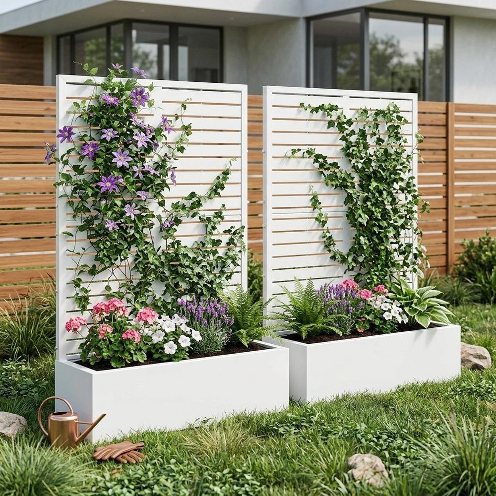 Set of Two White Striped Galvanized Metal Rectangular Planter Box