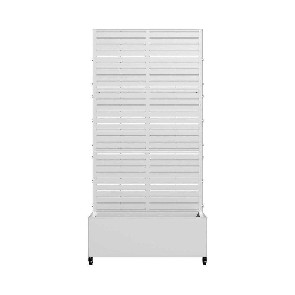 White rectangular planter box with a tall striped panel and wheels on a white background.