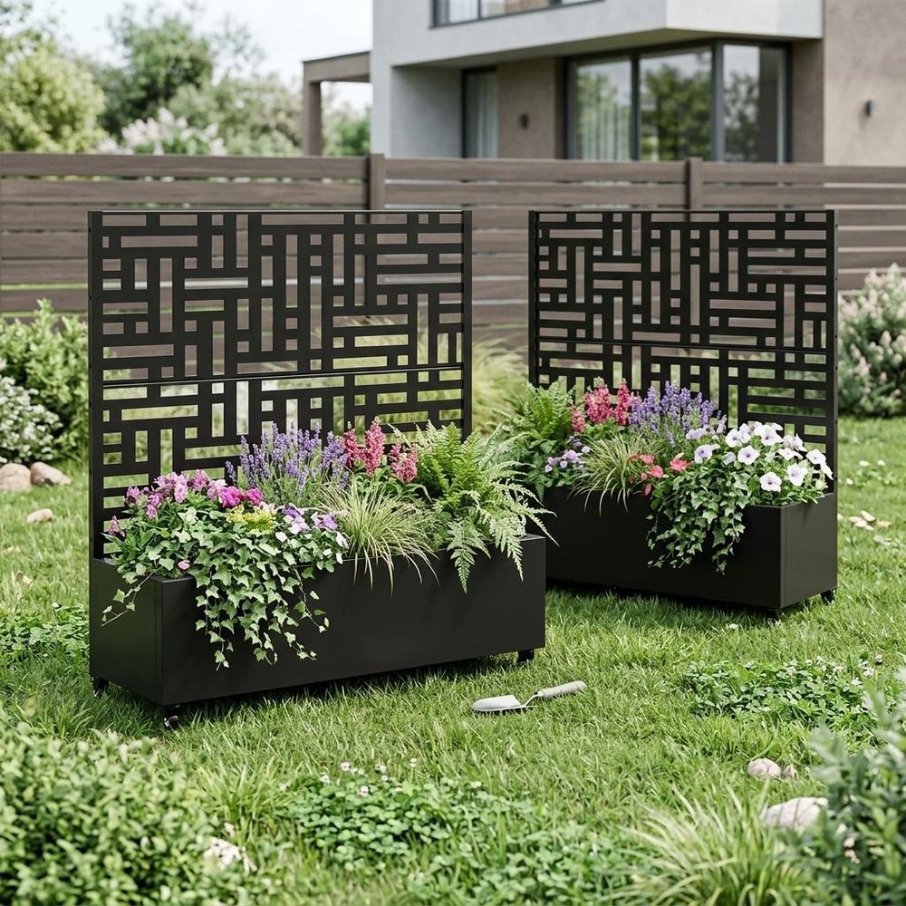 Set of Two Black Geometric Galvanized Metal Rectangular Planter Box