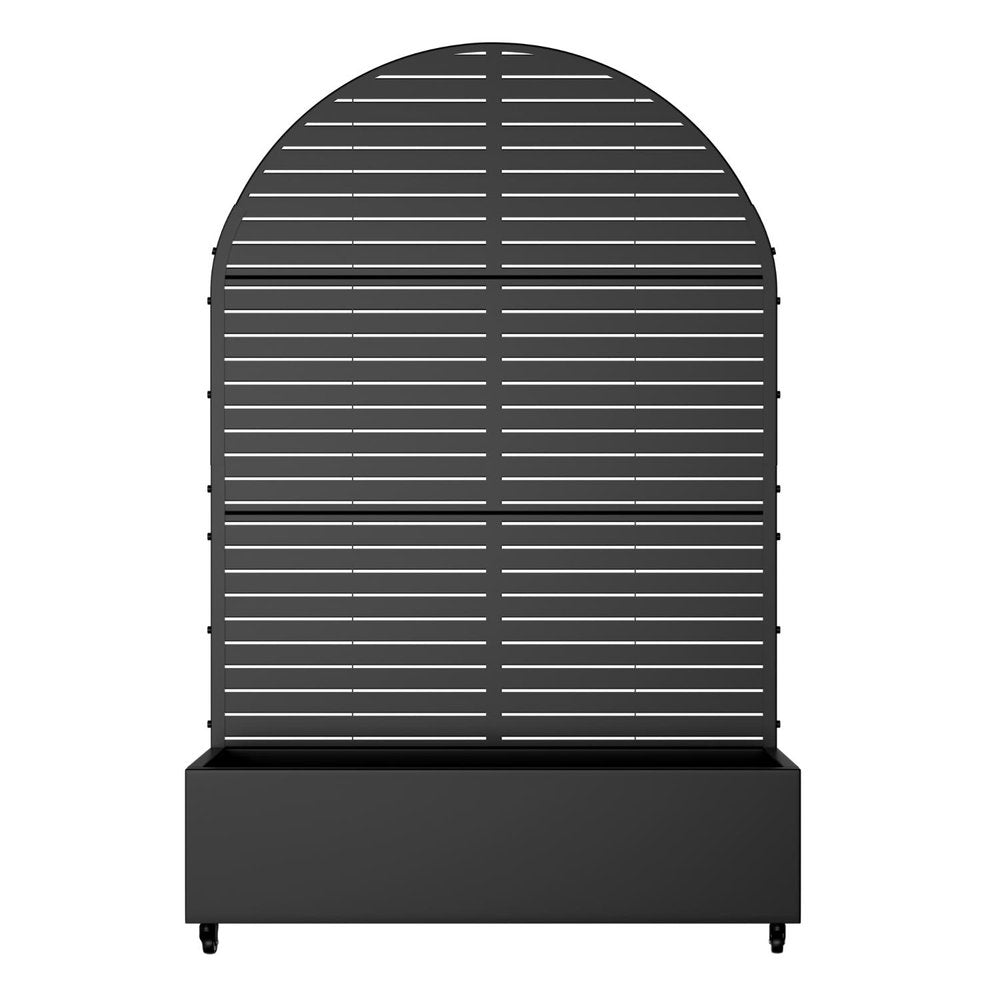 Black arched planter with horizontal slats and a rectangular planter box base on wheels.