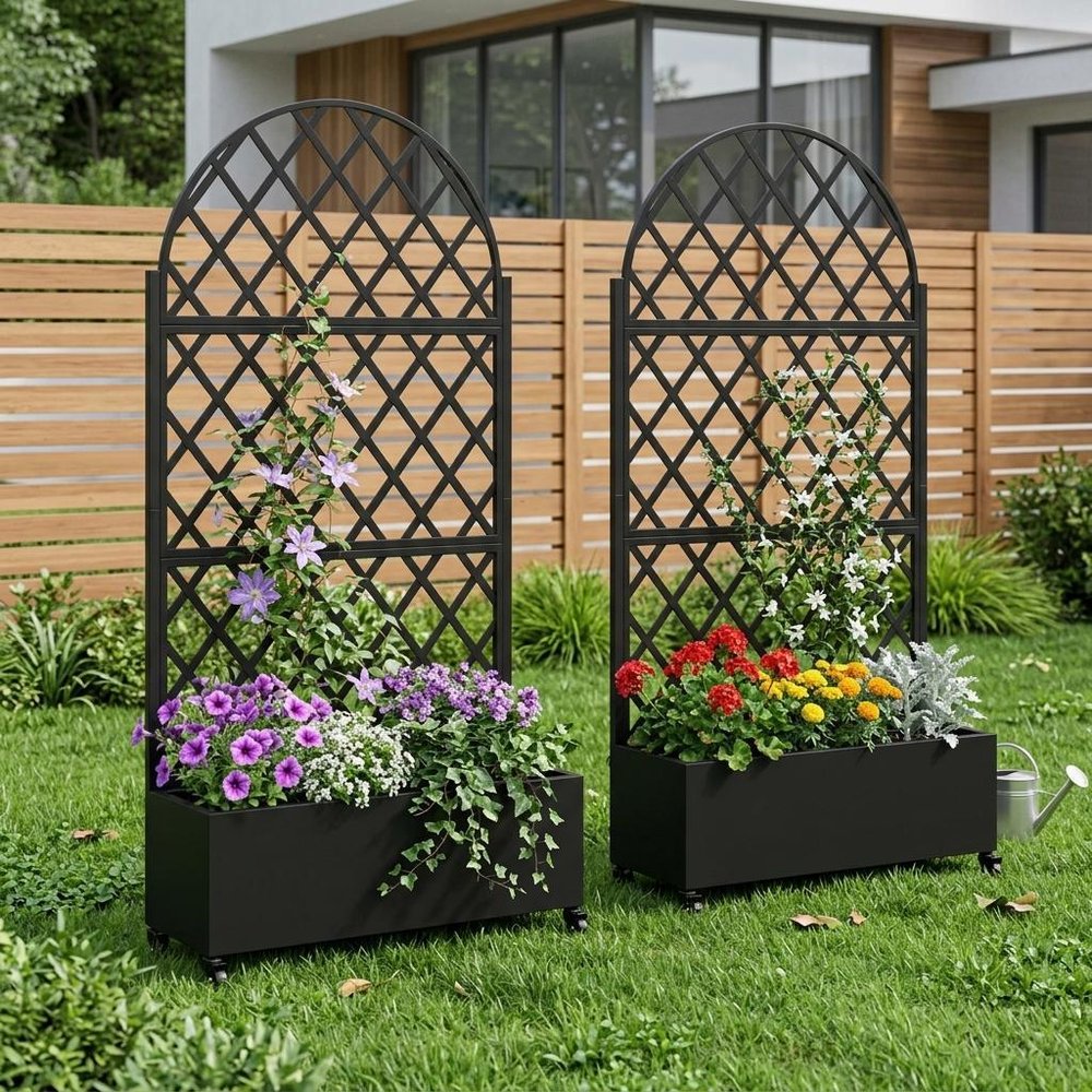 Set of Two Black Geometric Galvanized Metal Oval Planter Box