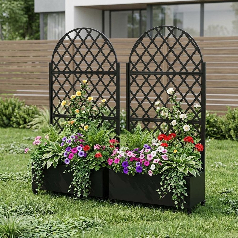 Set of Two Black Geometric Galvanized Metal Oval Planter Box