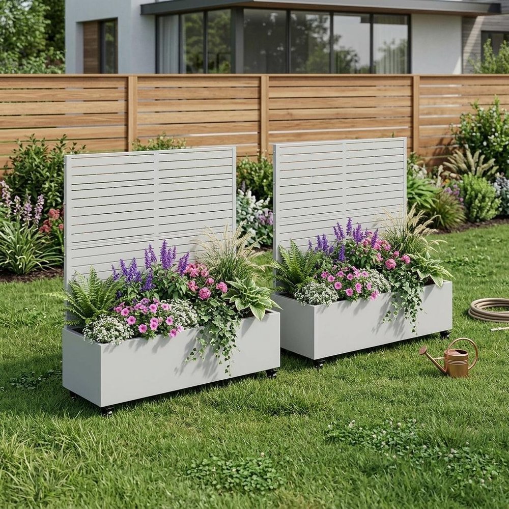Set of Two White Striped Galvanized Metal Rectangular Planter Box