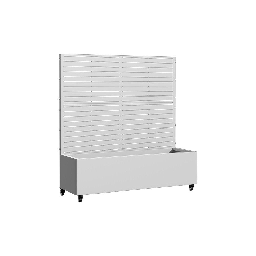 White galvanized metal planter box with a slatted back panel and wheels, on a white background.