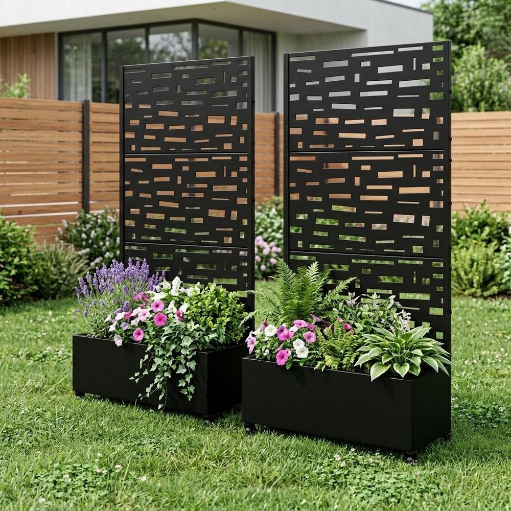 Set of Two Black Geometric Galvanized Metal Rectangular Planter Box
