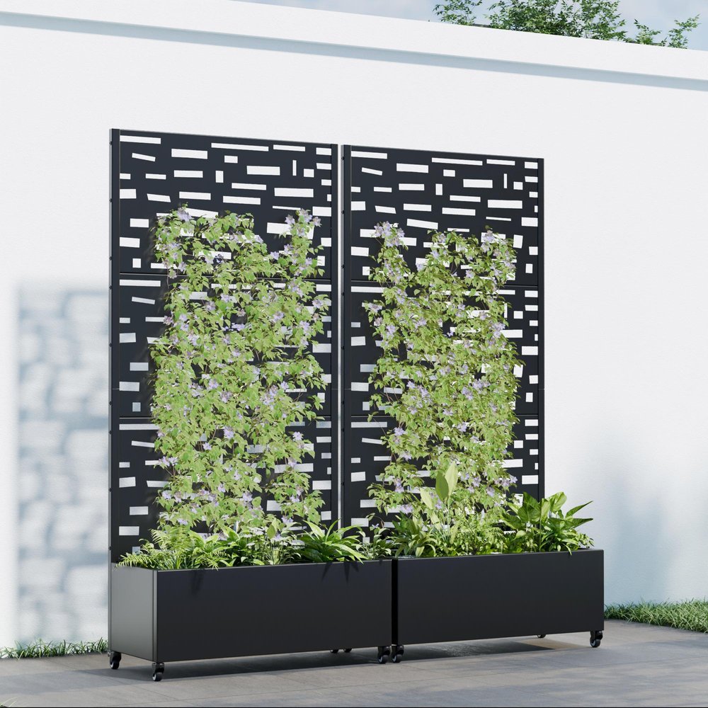 Set of Two Black Geometric Galvanized Metal Rectangular Planter Box