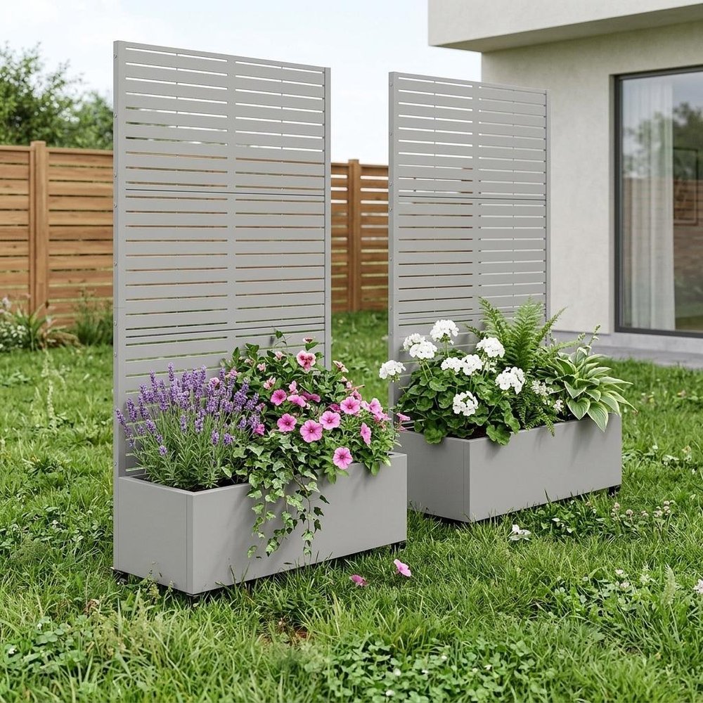 Set of Two Gray Striped Galvanized Metal Rectangular Planter Box