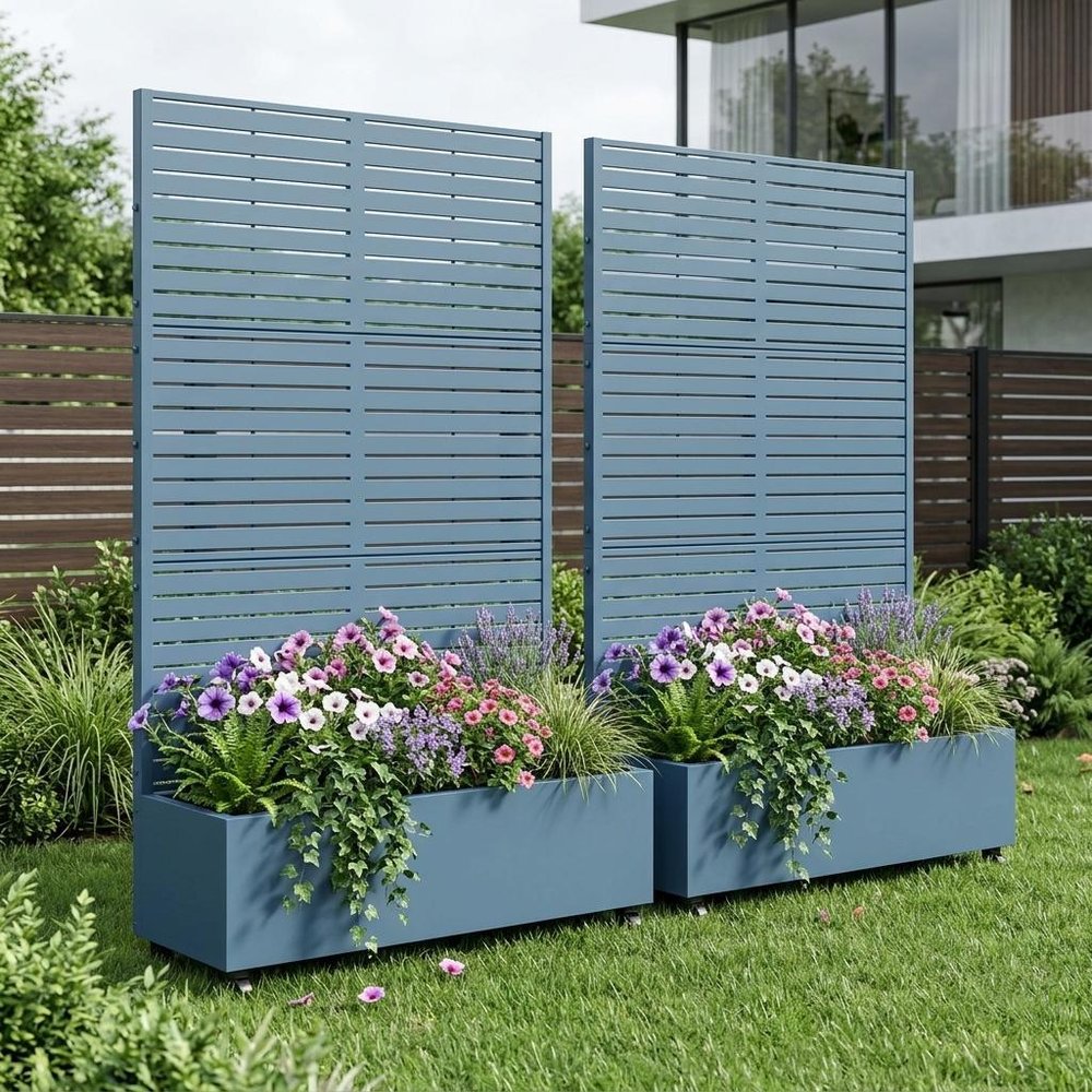 Set of Two Blue Striped Galvanized Metal Rectangular Planter Box