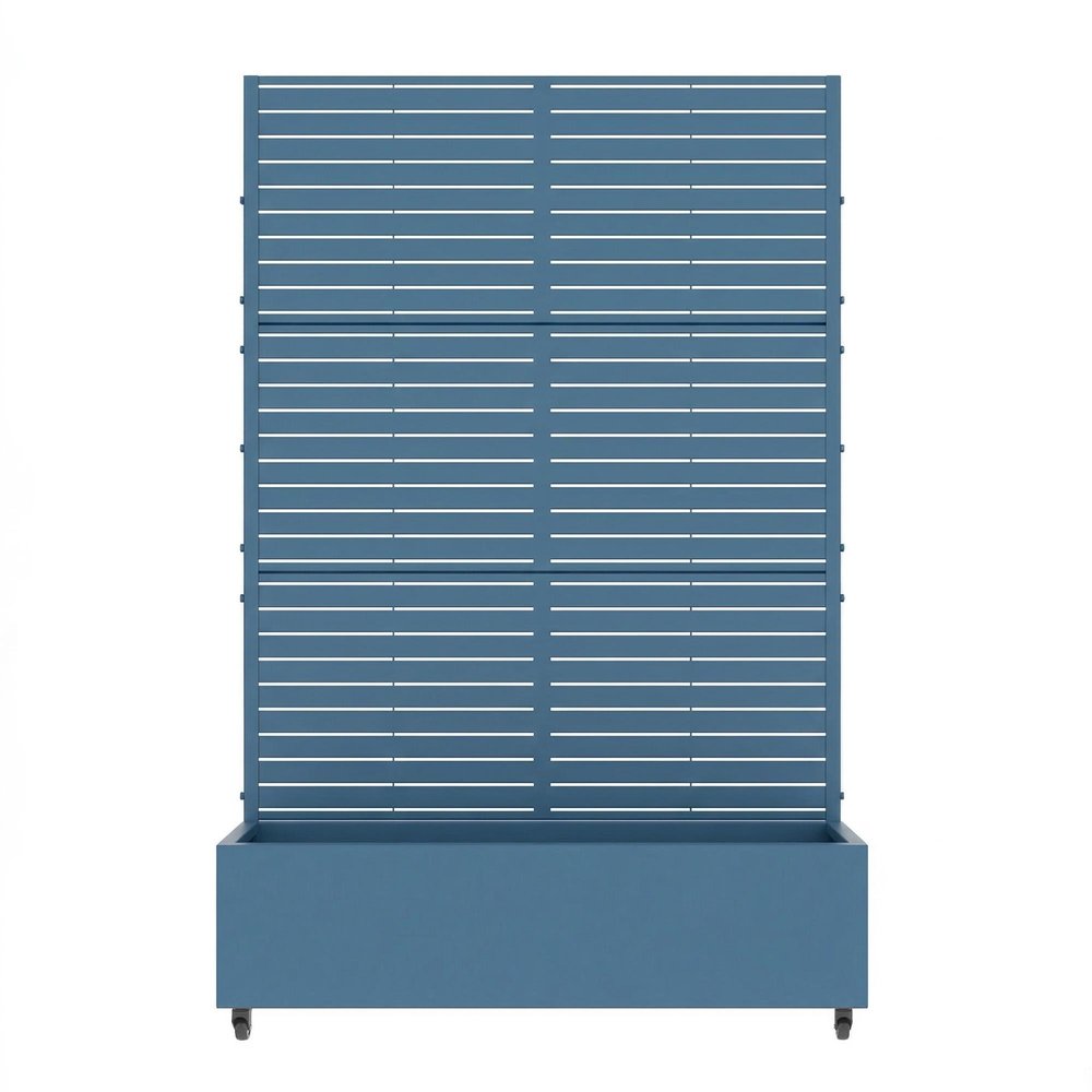 Blue galvanized metal planter box with a slatted screen on a white background.